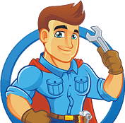 Cartoon technician in blue shirt and gloves holding a wrench, representing PROTECH HVAC's installation and repair services.