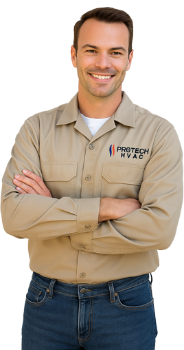 Smiling technician in PROTECH HVAC uniform, showcasing expertise in HVAC services for Ocean City, MD.