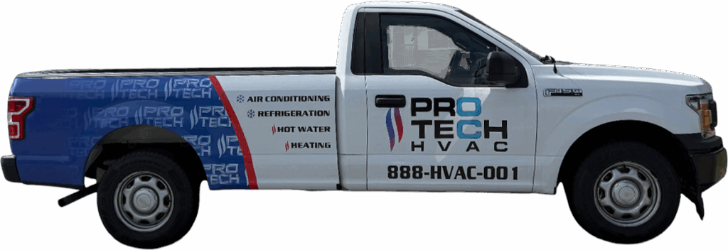 ProTech HVAC service truck featuring branding and services including air conditioning, refrigeration, hot water, and heating, parked against a neutral background.
