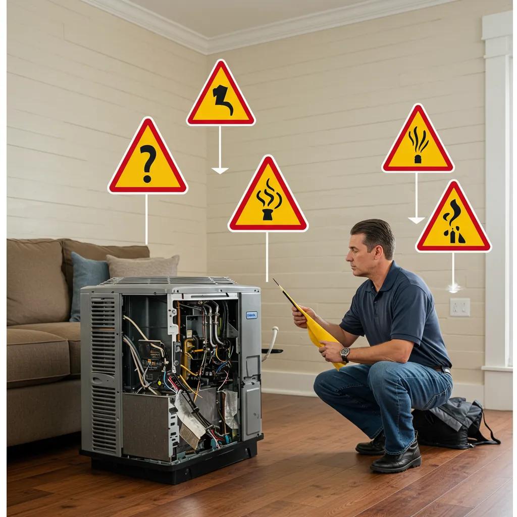 Signs of HVAC failure: smoke, leaks, technician inspection