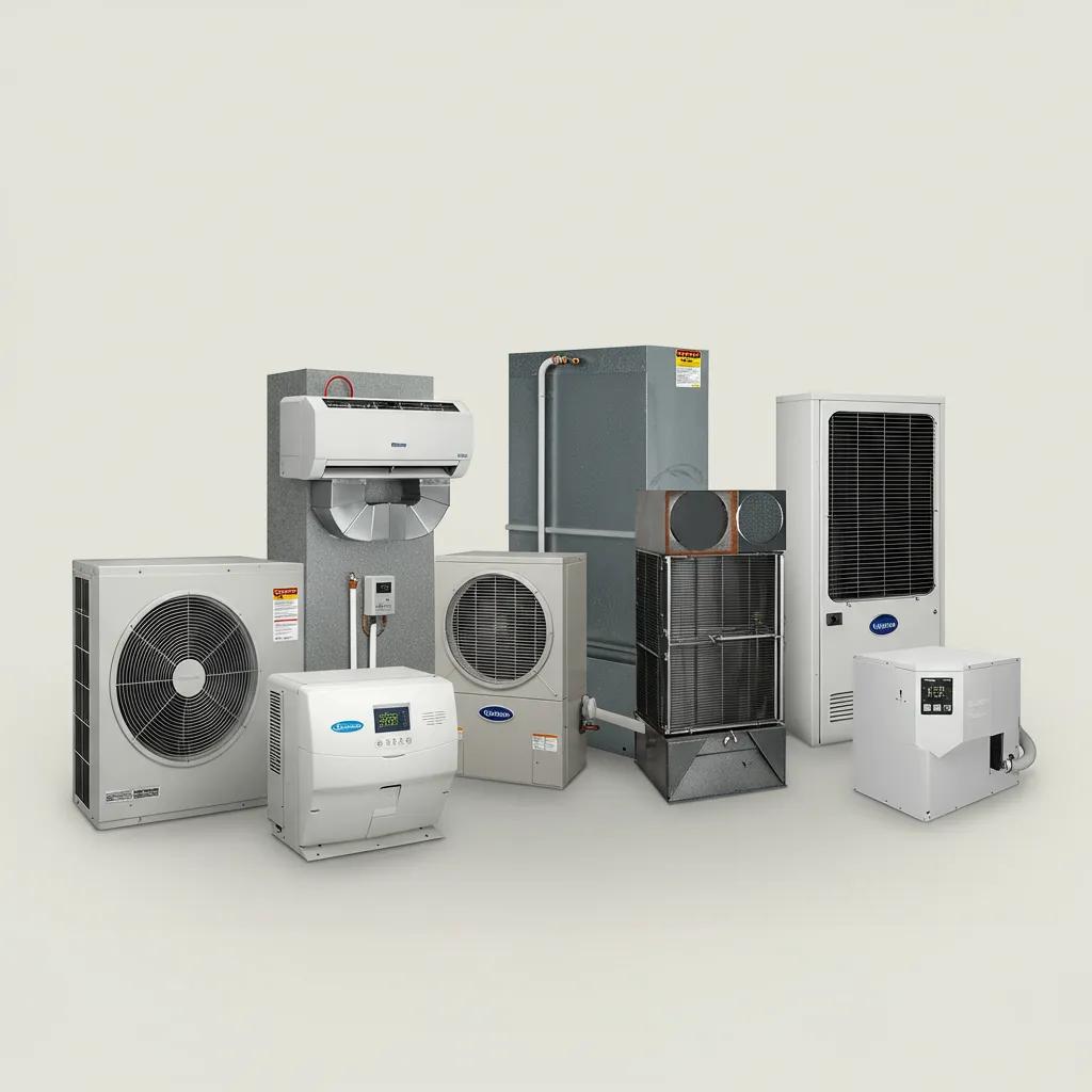 Comparison of various HVAC systems including air conditioner, gas furnace, heat pump, ductless mini-split, and dual fuel system