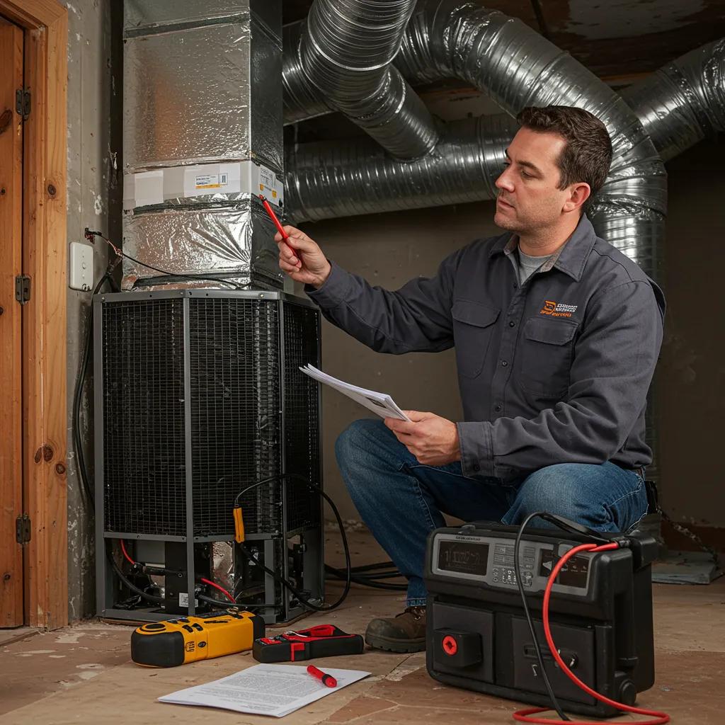 HVAC technician conducting load calculation and inspecting ductwork for air conditioner installation