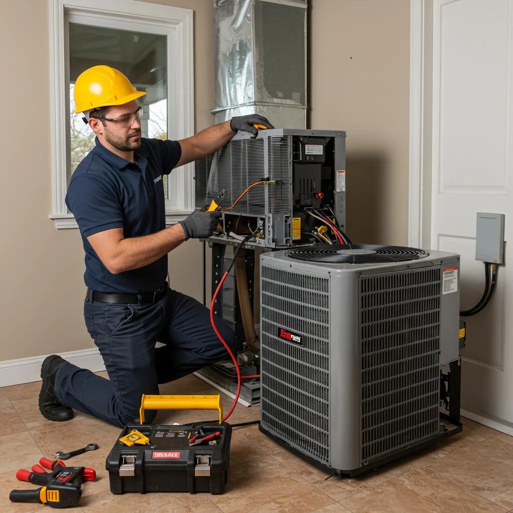 HVAC technician installing air conditioning unit in a home