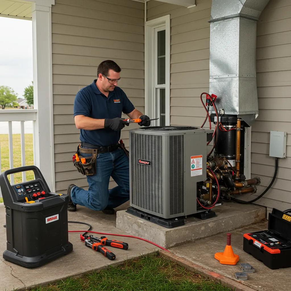 Technician performing emergency HVAC installation in a residential setting