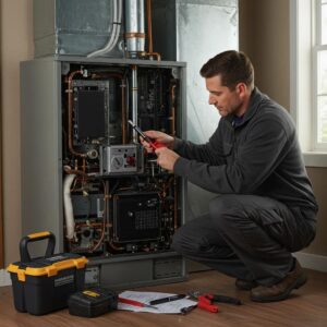 Technician performing seasonal maintenance on a furnace, ensuring home heating efficiency and safety during winter.