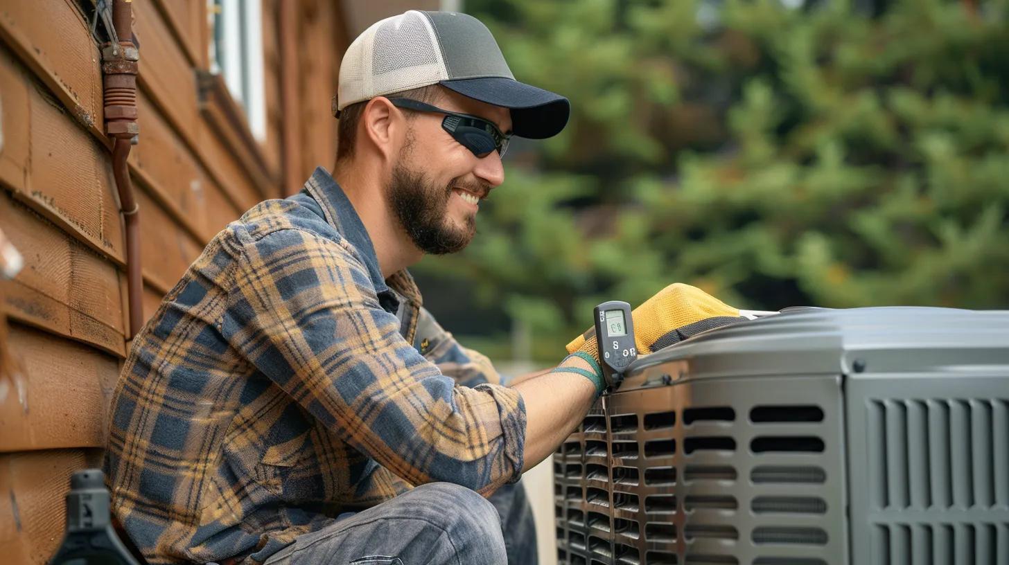 A friendly PROTECH HVAC technician expertly installing a new system in a cozy Selbyville home, ensuring residential comfort and peak efficiency.