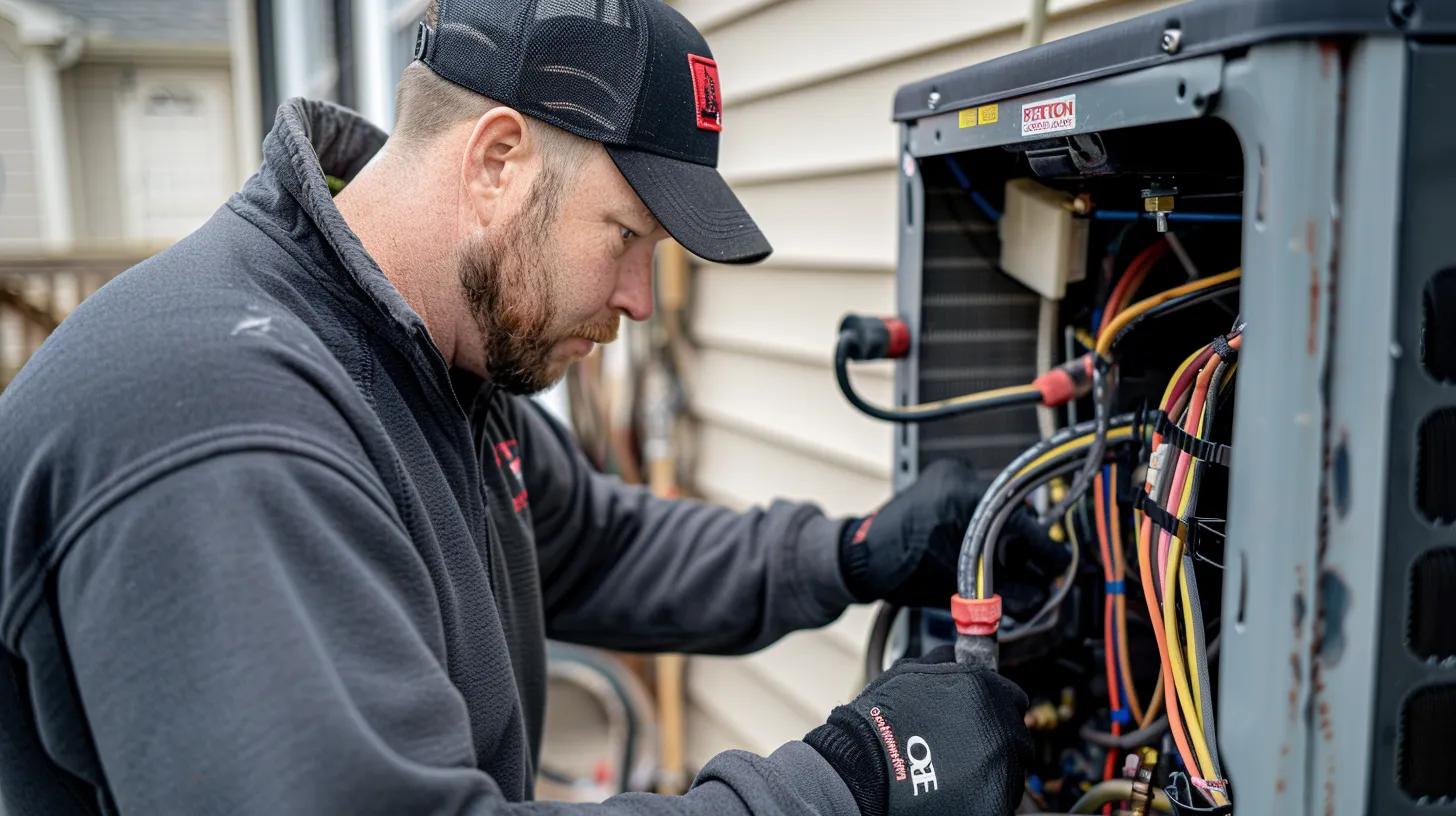 A friendly PROTECH HVAC technician expertly installing a new system in a cozy Selbyville home, ensuring residential comfort and peak efficiency.