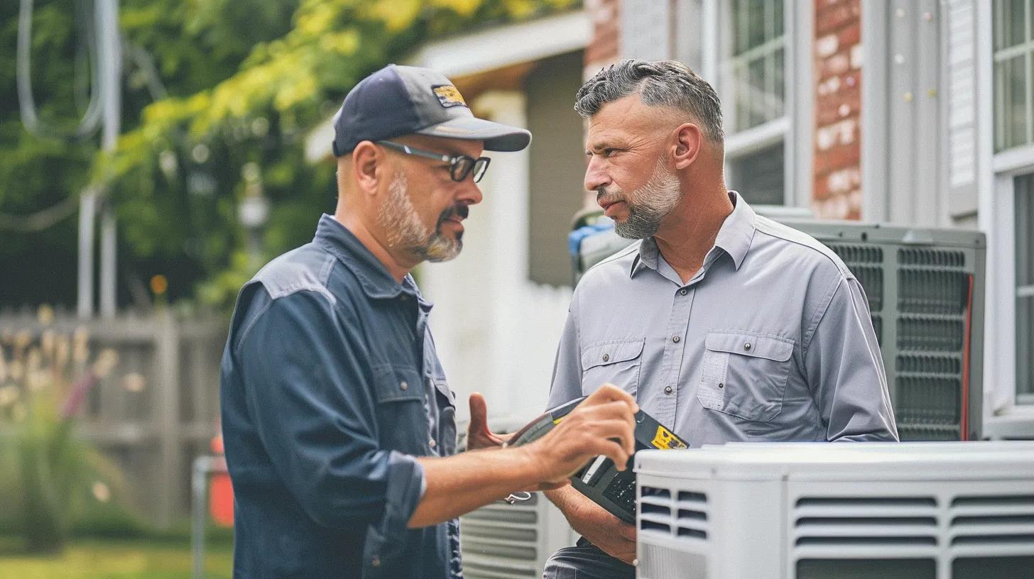 HVAC technician explaining the repair process to a homeowner during an emergency AC service call