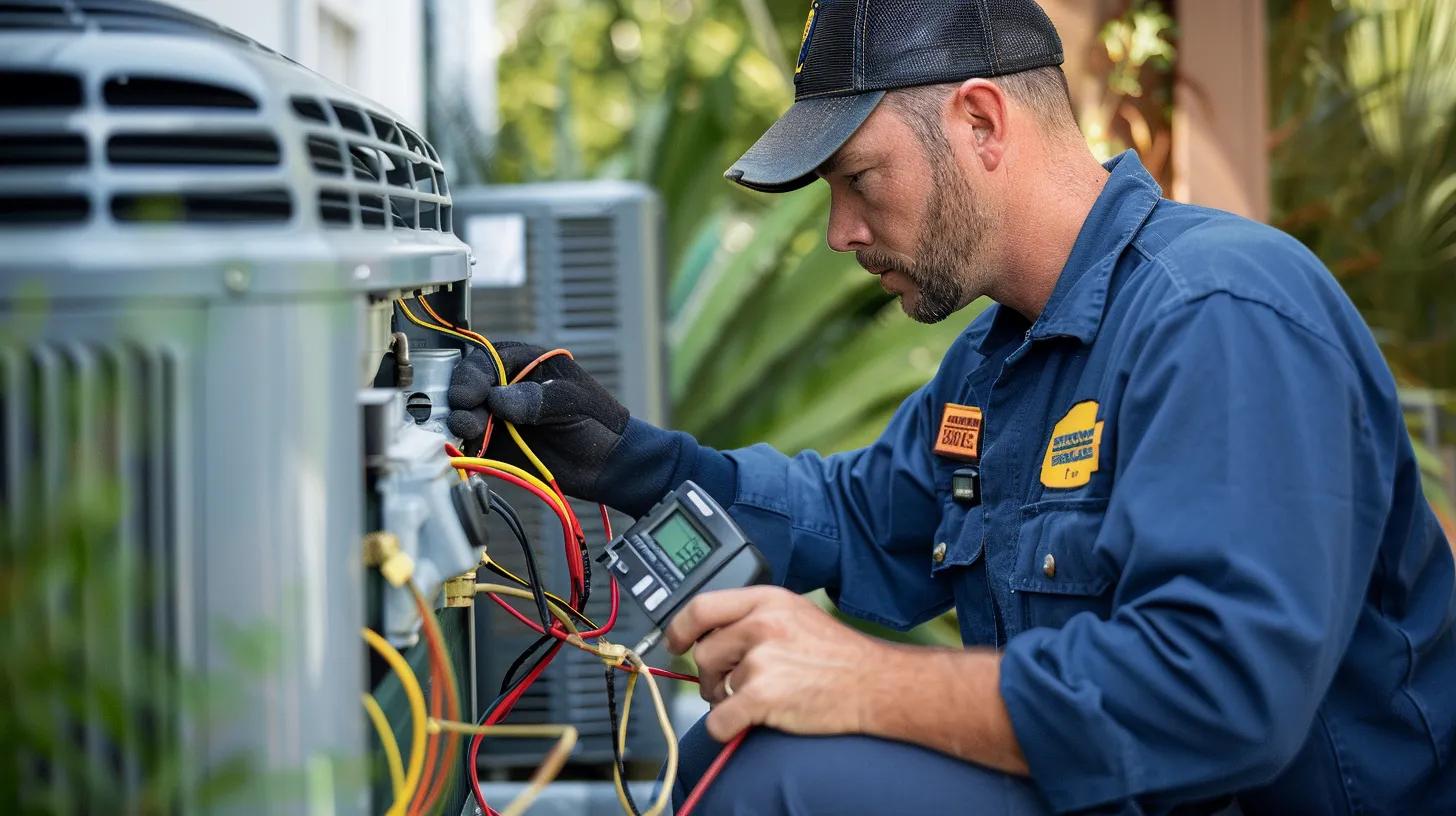 Professional HVAC technician performing emergency HVAC repair at a residential home, diagnosing a heating and cooling system with digital diagnostic tools, service vehicle visible in the background, realistic residential setting, technician wearing professional blue work uniform, focused on troubleshooting an HVAC system, natural lighting, authentic service call environment, trustworthy local HVAC company, high-quality commercial photography, ultra realistic, no stock photo appearance, emergency heating and cooling repair, Delaware coastal home, clean and professional marketing image