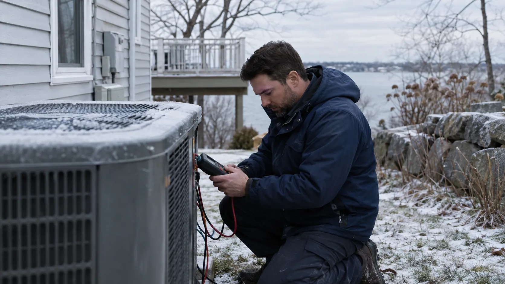 HVAC technician repairing a heat pump outdoor unit in winter near Selbyville DE